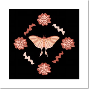 Fun simple pink moth with zigzag lines and flowers Posters and Art